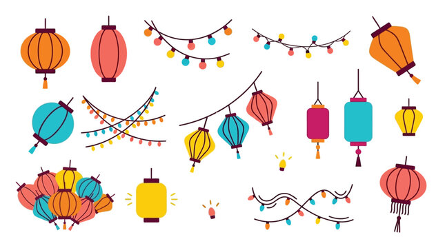 A vibrant collection of colorful Chinese lanterns and festive string lights, perfect for celebrations and decorations.