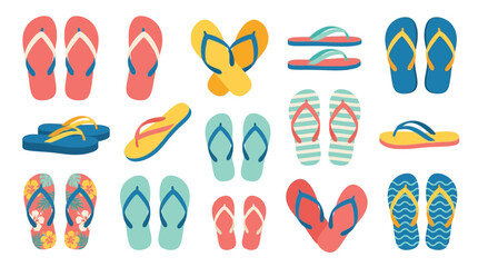 A vibrant collection of colorful flip-flops and sandals displayed in various arrangements and styles, perfect for summer and beach themes. © tr