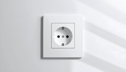 Close-up of a white electrical socket recessed into a white wall with soft lighting