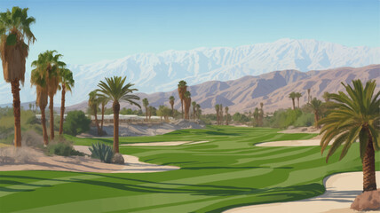 Golf course with palm trees and mountains in background sunny day green grass sand traps desert landscape tropical getaway vacation spot leisure activity