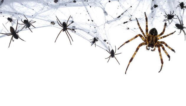 Spooky spiderweb with numerous creepy spiders scattered across a white background, creating a Halloween aesthetic
