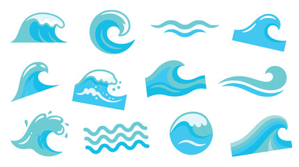 Fototapeta premium A collection of diverse blue wave illustrations, showcasing various styles and forms of ocean water movement.