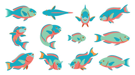 A vibrant collection of colorful parrotfish illustrations, showcasing their unique body shapes and aquatic beauty in various poses and perspectives.