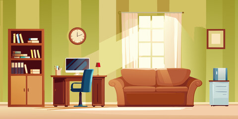 A brightly lit home office interior with furniture and decor © Anik