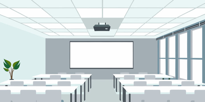 Empty classroom with a projector screen and rows of student desks