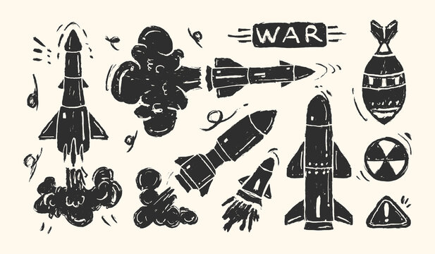 Missile weapon hand drawn illustration set. War doodle illustration of air strike, missile, bomb, nuclear weapon. Collection of missile launches and explosion sketch style vector elements.
