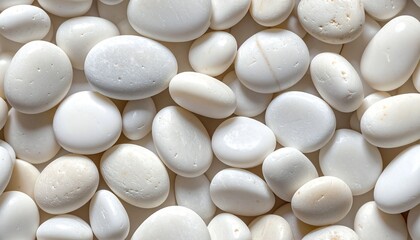 Fototapeta premium Collection of white pebbles and stones arranged closely together in a compact pattern, viewed from directly above
