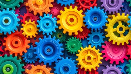 Interlocking gears in various colors and sizes, a vibrant display of machinery parts, viewed from directly above in a complex arrangement