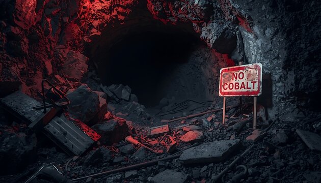 A red and white 'NO COBALT' sign stands in a dark, destroyed mine tunnel with scattered debris and dim red lighting.