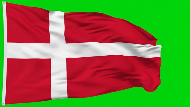 The Danish flag waves Video on green screen with white cross