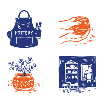 Handmade organic style pottery illustration set featuring pottery apron, ceramic plant pot, pottery kiln cabinet, and clay shaping hand. Perfect for craft studio branding, pottery classes, and handmad