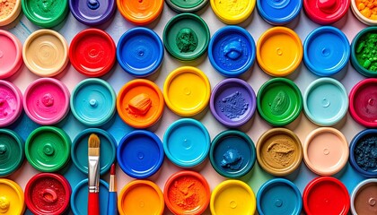 Vibrant Paint Containers and Brushes Displayed on a Flat Surface