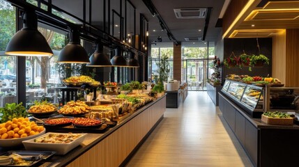 Modern buffet restaurant interior displaying a variety of fresh and colorful dishes with elegant and cozy design.