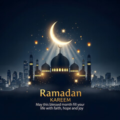Naklejka premium Golden crescent moon and star radiating light over a majestic mosque silhouette and urban skyline at night, adorned with floating lanterns and 'Ramadan Kareem' greeting.