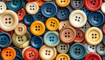 Fototapeta premium A colorful assortment of assorted buttons filling the frame from a top-down viewpoint