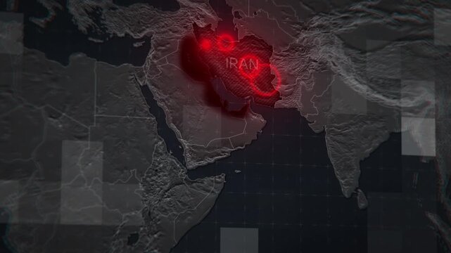 Animated map depicting airstrikes on Iran and retaliatory Iranian strikes on neighboring countries hosting US bases. Visualizing escalating conflict and military tensions in the Middle East