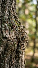 Obraz premium Close View of a Tree Trunk Showing Details of Bark in a Forest During Daylight, With Blurred Trees in the Background