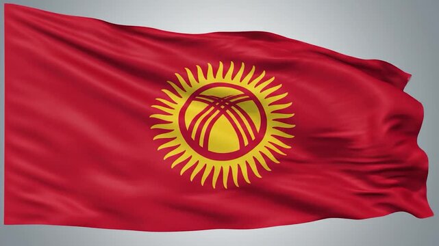 The national flag of Kyrgyzstan proudly waves against a neutral background.