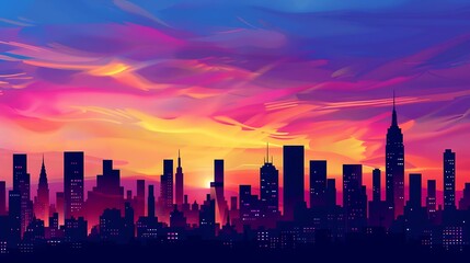 Obraz premium Striking neon and purple sunset illuminates a vast, dark blue city skyline featuring numerous towering skyscrapers against a dramatically painted sky.