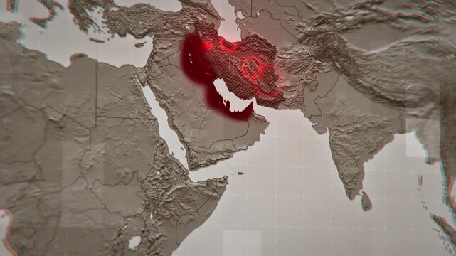 Animated map depicting airstrikes on Iran and retaliatory Iranian strikes on neighboring countries hosting US bases. Visualizing escalating conflict and military tensions in the Middle East
