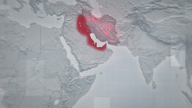 Animated map depicting airstrikes on Iran and retaliatory Iranian strikes on neighboring countries hosting US bases. Visualizing escalating conflict and military tensions in the Middle East