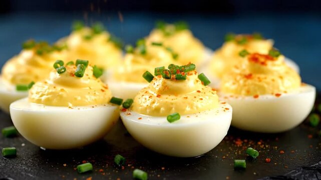 Deviled eggs topped with chives.