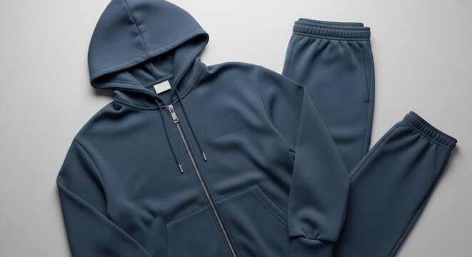 Comfortable dusty blue hooded tracksuit set made of soft cotton fabric, featuring a zip-up hoodie and elasticated waist sweatpants.