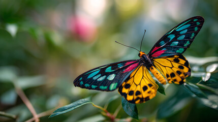 Obraz premium Colorful butterfly wings, tropical insect, vibrant pattern, green foliage, nature closeup