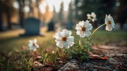 Fototapeta premium White cosmos flowers bloom in a cemetery with tombstones in the background