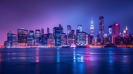 Fototapeta premium Spectacular view of the illuminated new york city skyline at night featuring towering skyscrapers reflecting vibrant neon colors across the dark tranquil water surface below