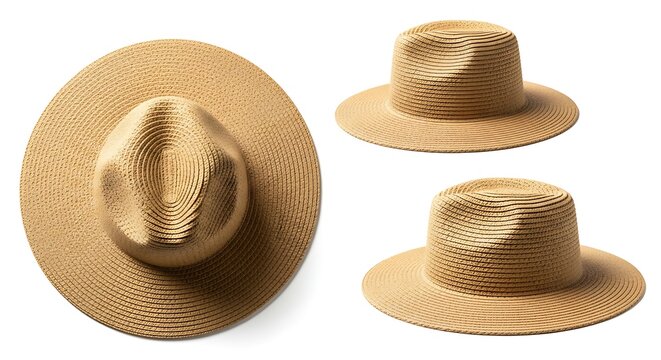 Three beige hats displayed from different viewpoints showcasing their wide brims and indented crowns on a white background