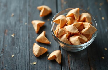 Fortune cookies in glass bowl on dark wood surface. Many biscuits scattered around. Sweet dessert snacks offer surprise messages inside. Ideal for holidays.