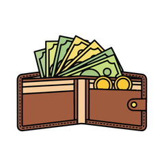 Open brown leather wallet with cash and coins inside