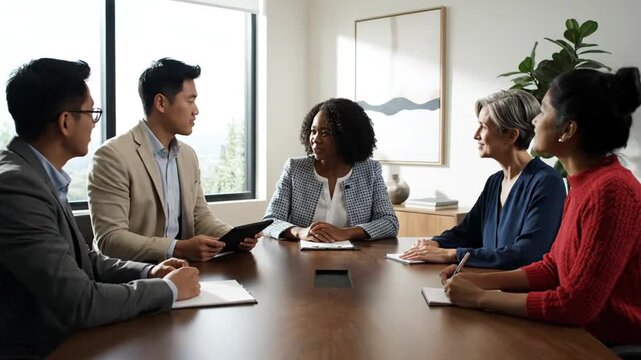 Diverse group meeting in boardroom.