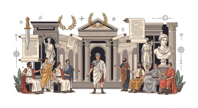 Ancient Roman Senate Scene with Senator in Toga, Forum Columns and Political Tension Flat Vector Illustration