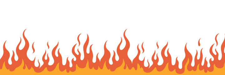Fire, line frame seamless border pattern set with flame motifs, burning and heat symbols, continuous decorative vector design