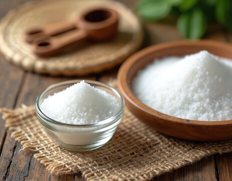 Two bowls of white granular sugar substitute like isomalt or maltitol. Used for baking, confectionery, and diabetic diets. Natural food ingredient for sweetening.
