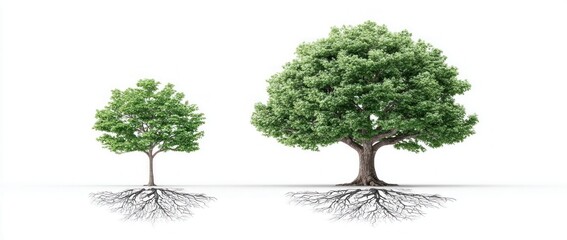 Fototapeta premium Two trees, one small and one large, with visible root systems on a white background