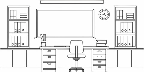 Simple line drawing of a classroom with desk chair and bookshelves © Ankan