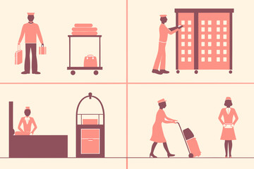 Hotel staff performing various tasks including carrying luggage and cleaning