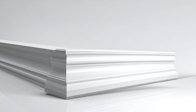 Close-up of a white, decorative molding piece against a gradient white backdrop