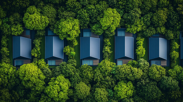 Overhead view of identical minimalist houses in rhythmic pattern, modern residential architecture and suburban living
