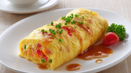 Golden Omelette Filled With Colorful Vegetables Topped With Chives Parsley And Sauce