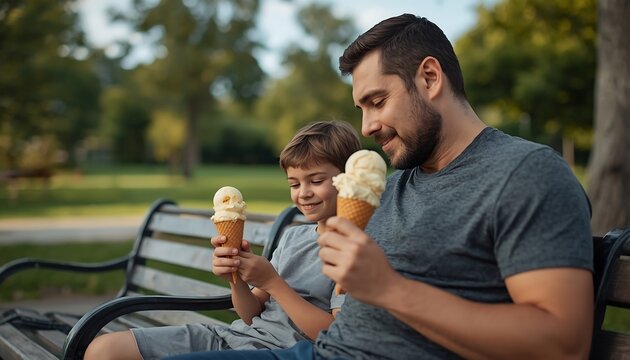 A man and a boy sitting on a park bench enjoying ice cream cones on a sunny day
