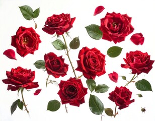 Fototapeta premium Red roses & foliage are scattered atop white background. Some petals are detached adding an artful, natural feel