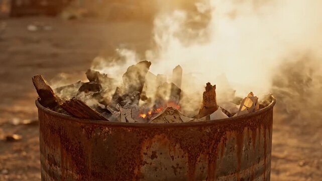 Burning trash in a rusty l barrel with smoke rising into the golden sunlight