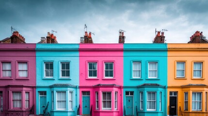 Row of colorful terraced houses with bright pink, turquoise, and orange facades