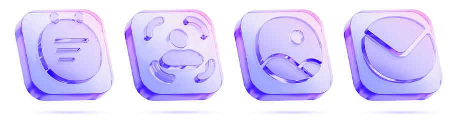 3d glass hologram mobile app icon set - planner calendar, default silhouette avatar profile picture, photo gallery, email. Iridescent transparent square button for user interface. 3D illustration