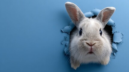 Obraz premium A white rabbit peeking through a hole in a blue wall with a curious expression