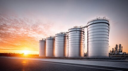 Industrial storage tanks at sunset, reflecting the warm glow of the setting sun on the horizon